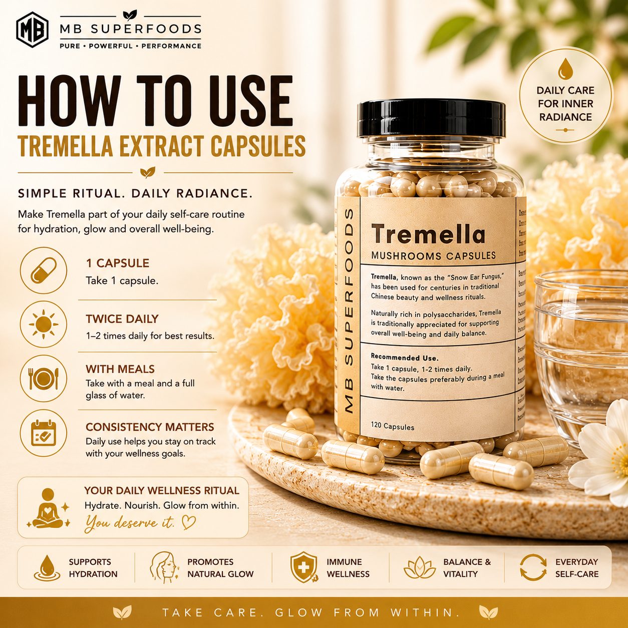 How to use MB Superfoods Tremella Extract Capsules for hydration, glow, immune wellness and daily self-care support