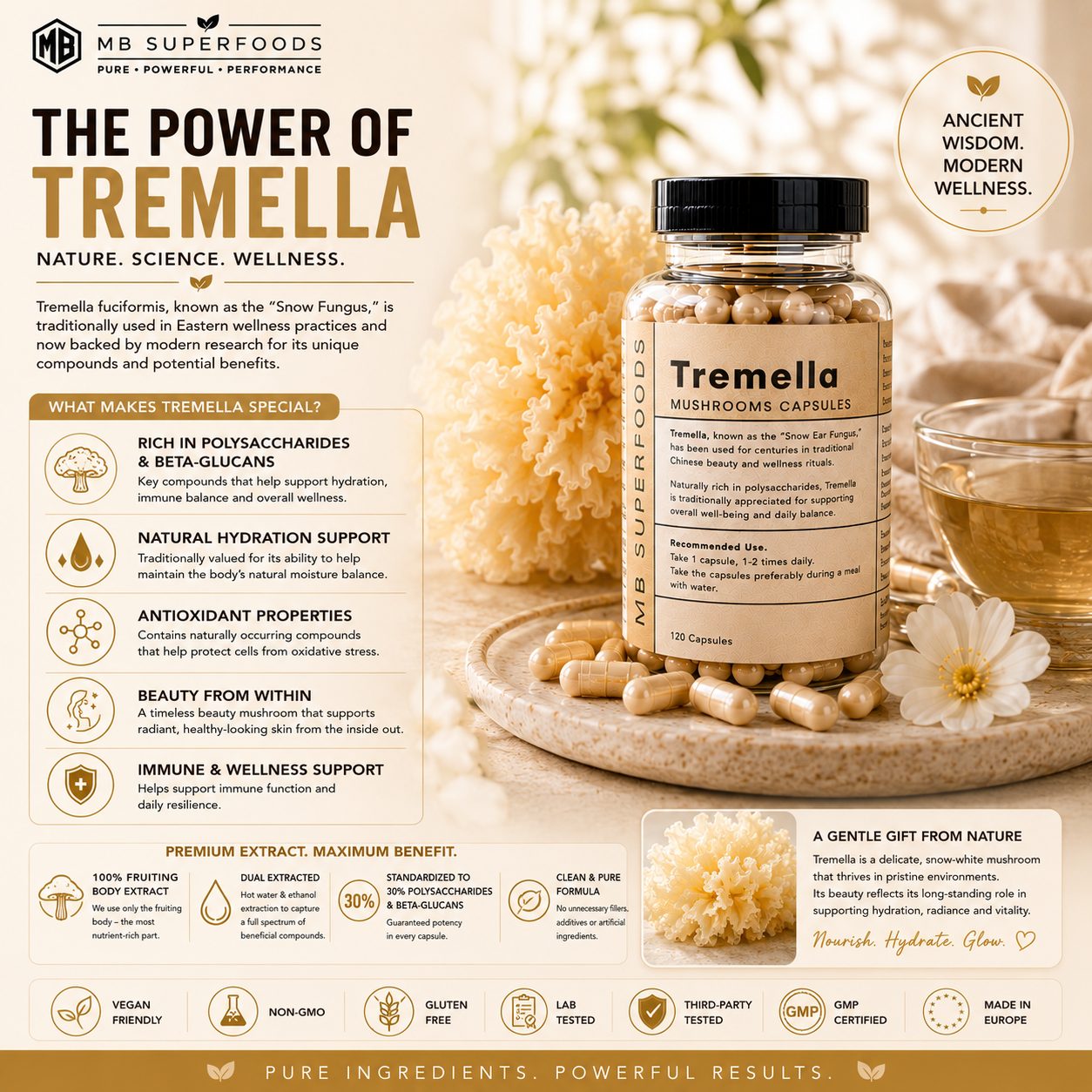 MB Superfoods Tremella Mushroom Capsules with Tremella fuciformis supporting hydration, beauty and immune wellness