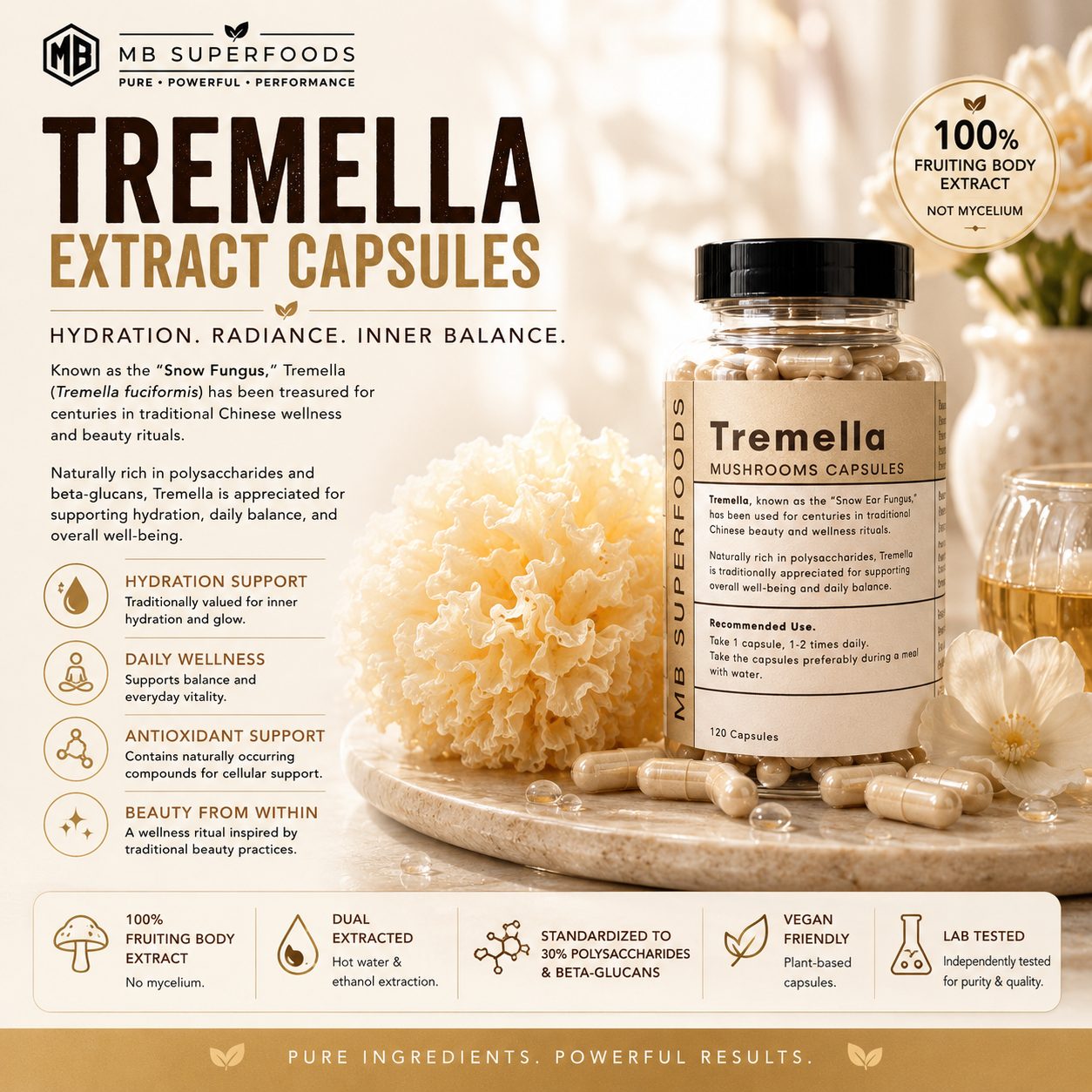 MB Superfoods Tremella Extract Capsules with snow fungus mushroom for hydration, skin radiance, immune support and daily wellness