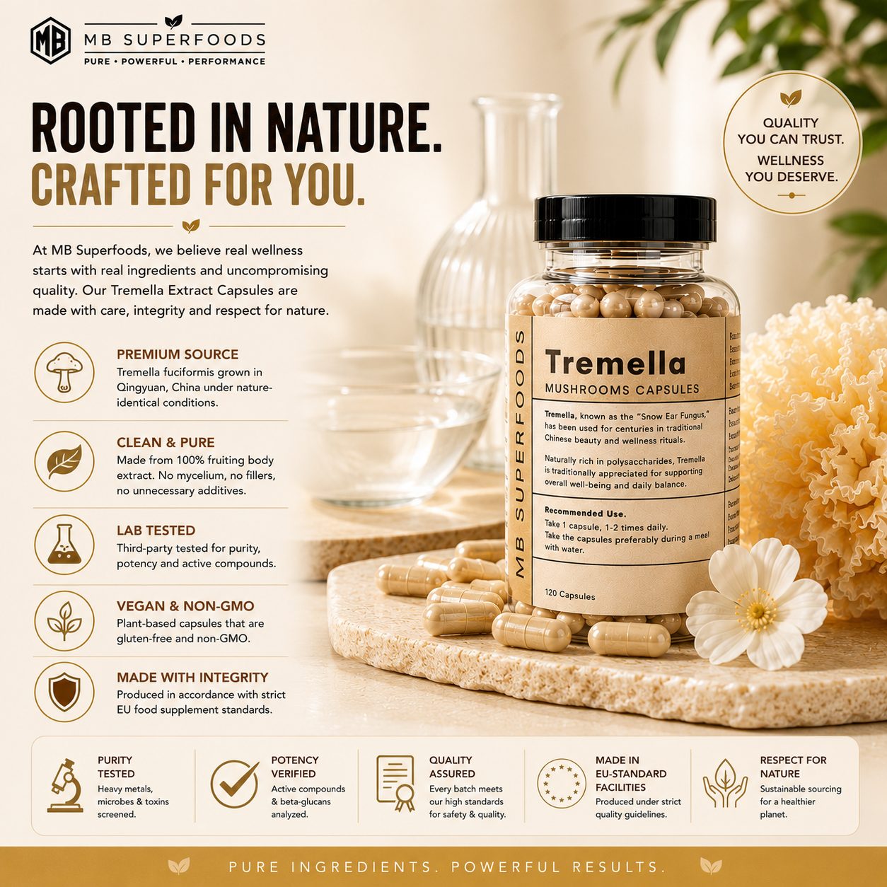 MB Superfoods Tremella Extract Capsules made with 100% fruiting body extract for hydration, wellness and beauty support