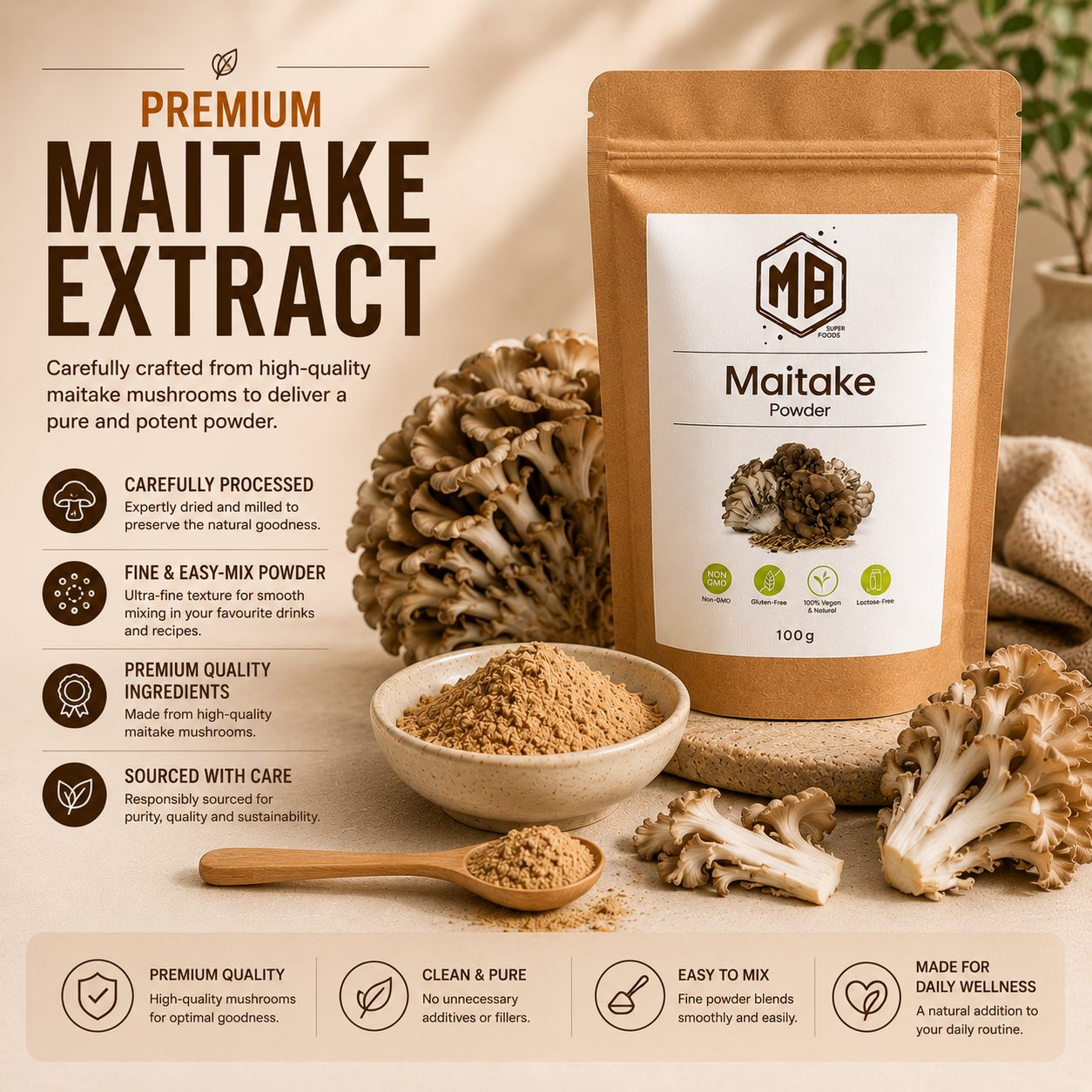 Premium Maitake Mushroom Powder by MB Superfoods with real maitake mushrooms and finely milled extract powder