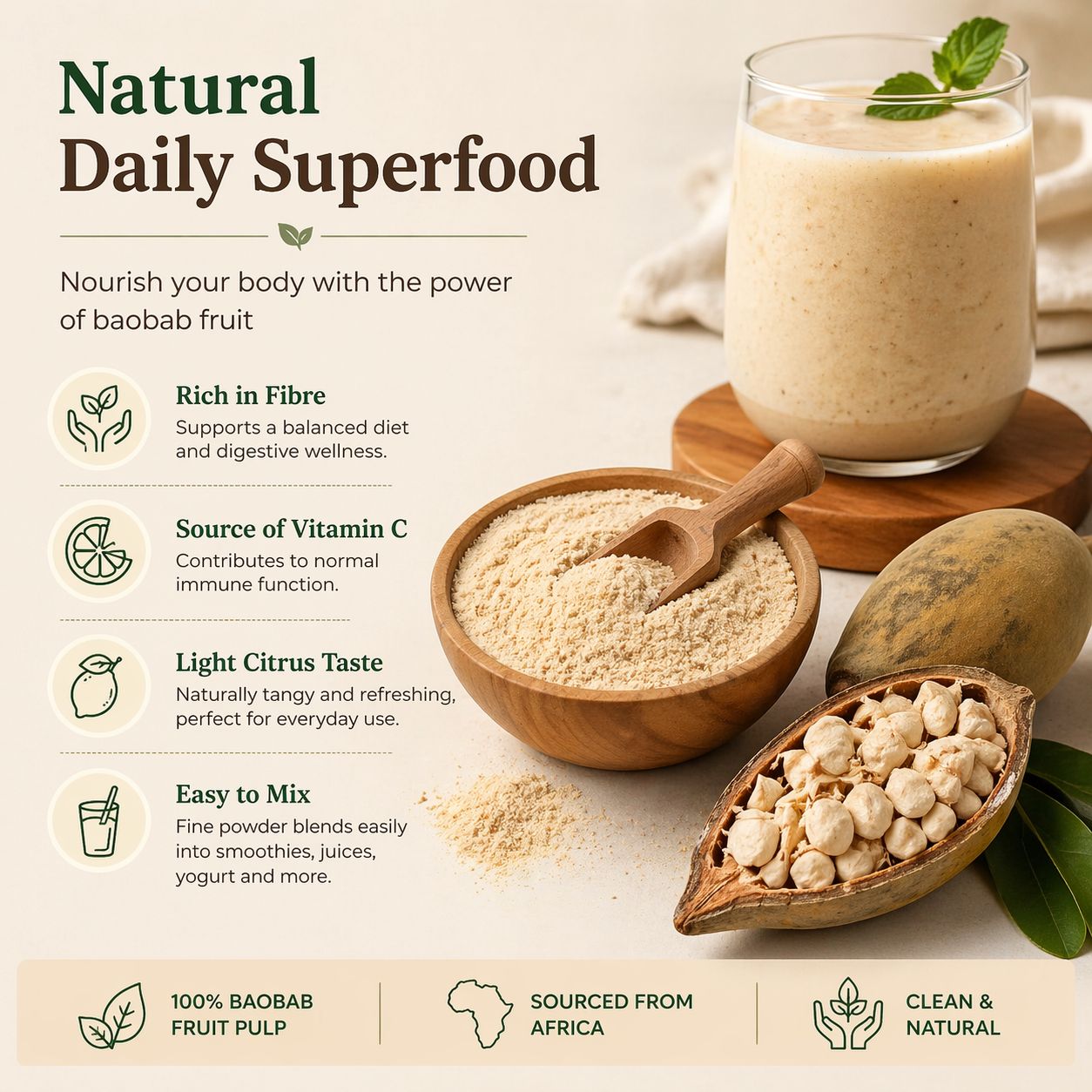 Baobab powder benefits MB Superfoods natural superfood powder rich in fibre vitamin C smoothie ingredient easy to mix African baobab fruit pulp