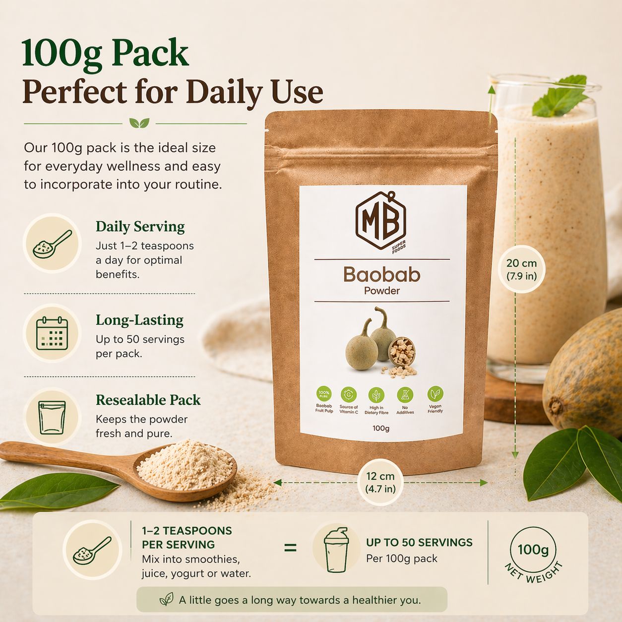 Baobab powder MB Superfoods 100g natural African baobab fruit pulp superfood powder