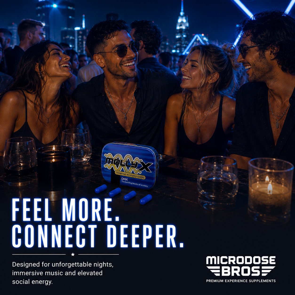 Friends enjoying an immersive nightlife experience with Molly X Intense Ecstasy Caps by Microdose Bros in a luxury blue neon rooftop setting.