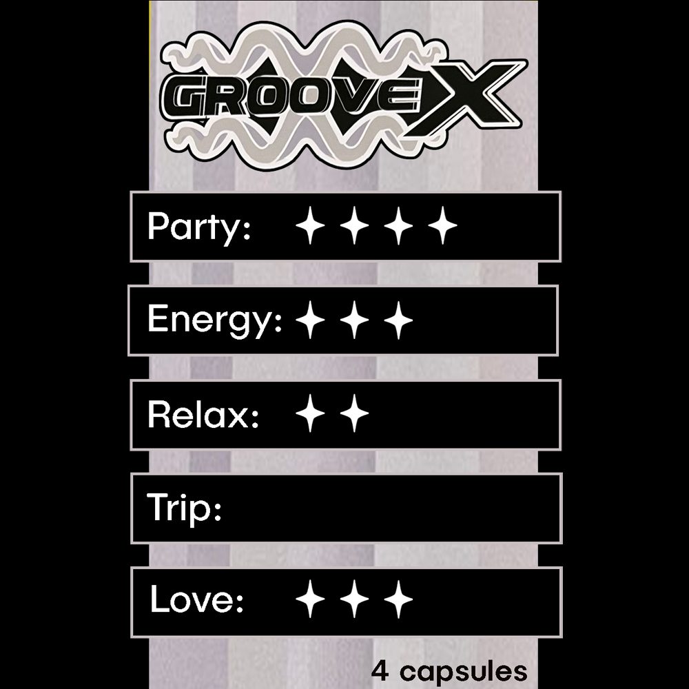Groove X capsules intensity chart showing party, energy, relax, trip and love effects