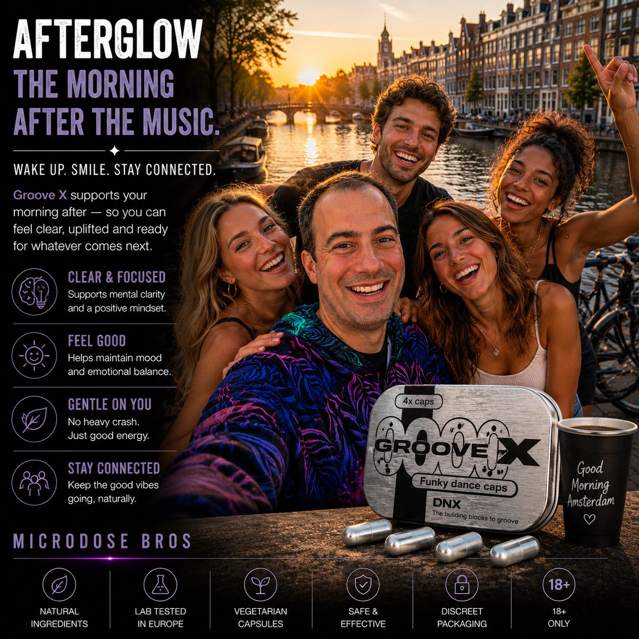 Friends smiling by Amsterdam canals at sunrise with Groove X Funky Dance Caps, showcasing the morning-after atmosphere, connection and positive energy.