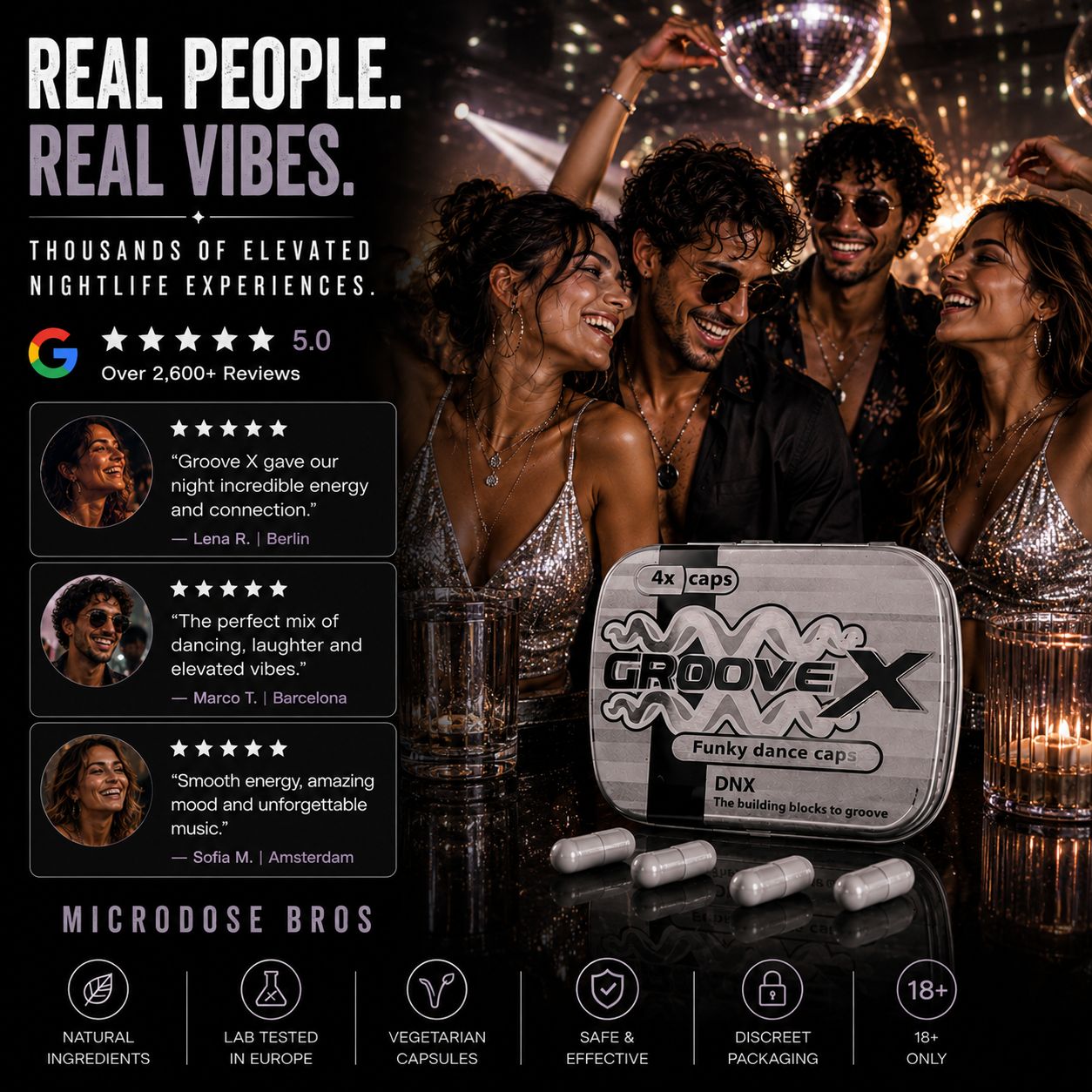 Groove X Funky Dance Caps customer review image featuring nightlife crowd, product tin, capsules and Google reviews highlighting positive customer experiences.