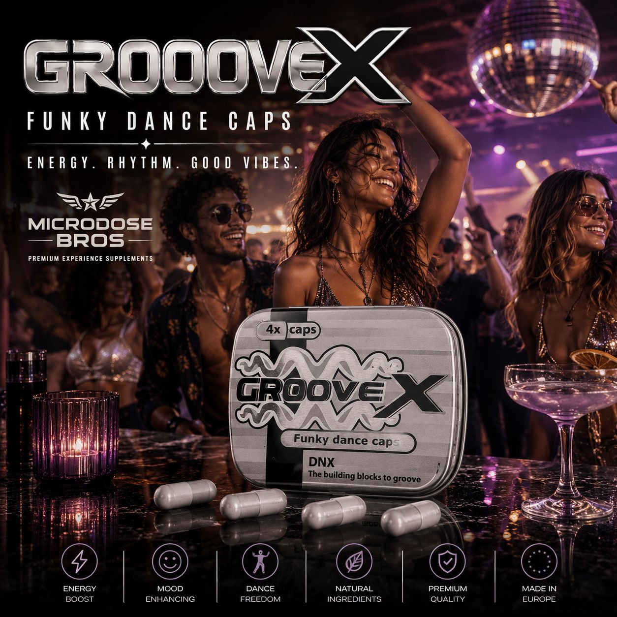 Groove X Funky Dance Caps by Microdose Bros displayed in a nightclub setting with dancers, disco ball, and white capsules, promoting energy, rhythm and good vibes.