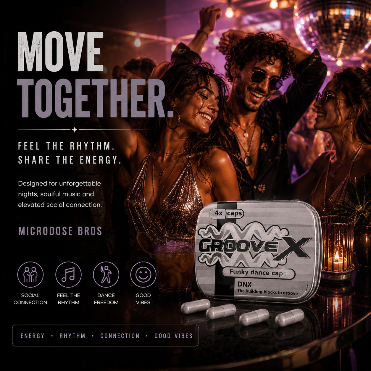 People dancing together at a nightclub with Groove X Funky Dance Caps by Microdose Bros, featuring social connection, rhythm, music and positive nightlife energy.