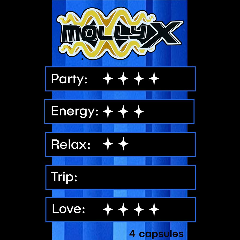 Molly X capsules intensity chart showing party, energy, relax, trip and love effects