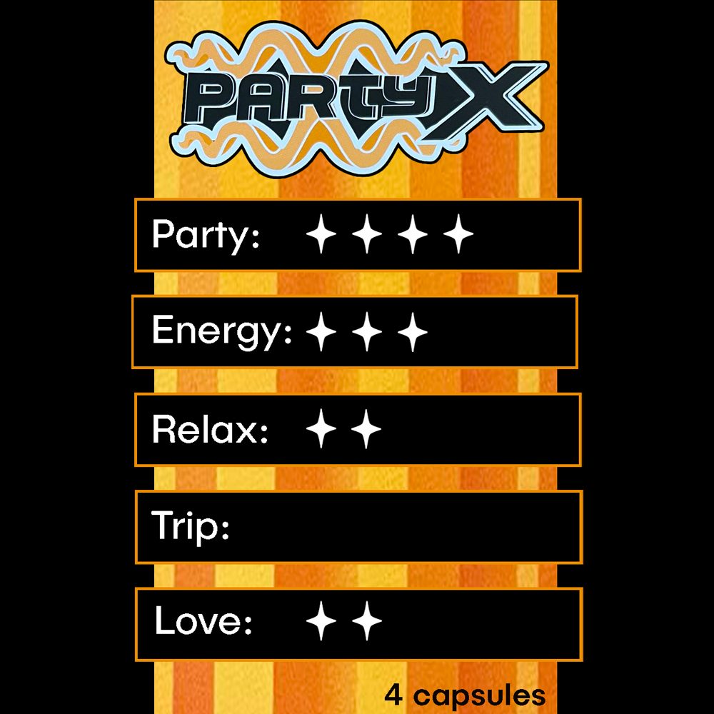 Party X capsules intensity chart showing party, energy, relax, trip and love effects