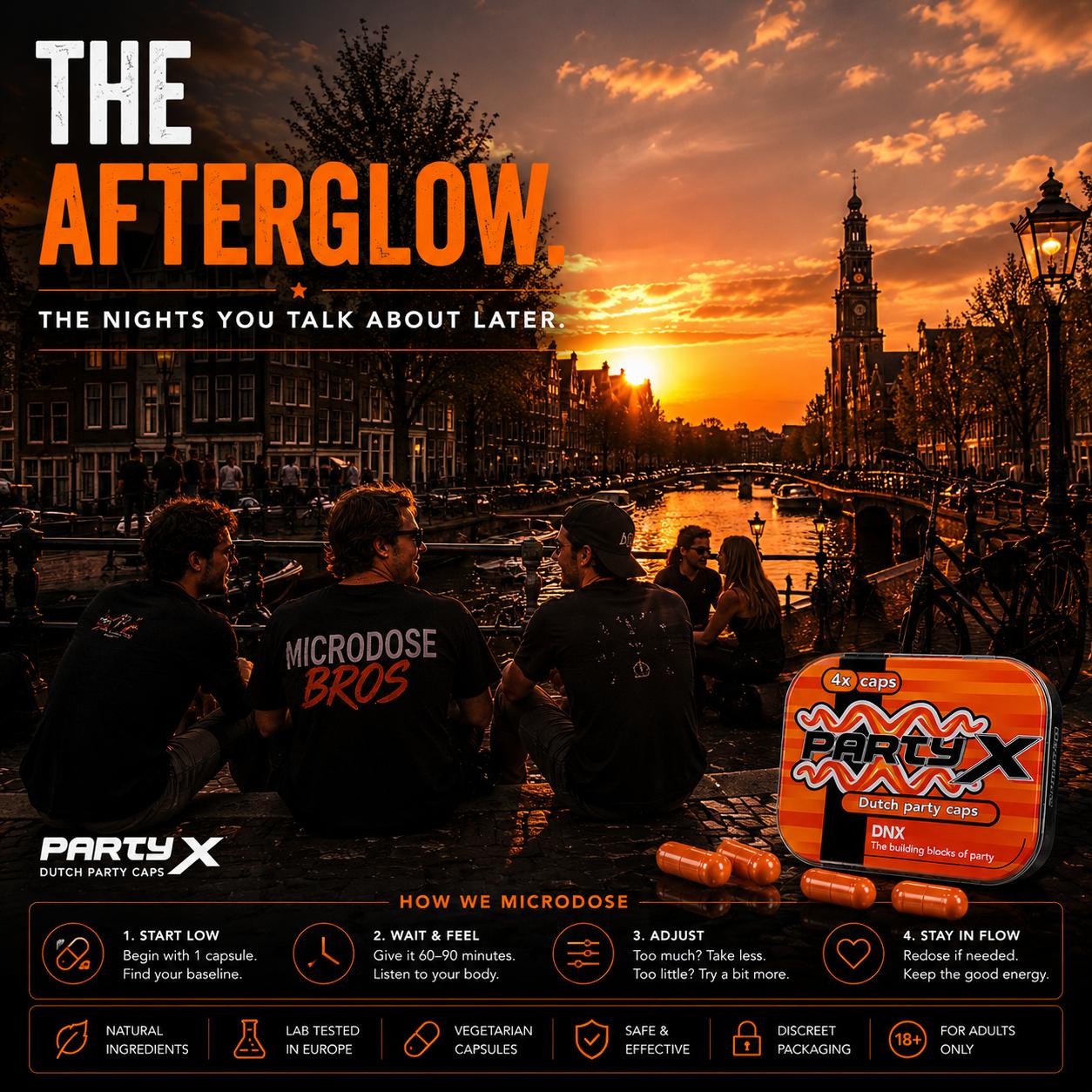 Party X DNX Dutch Party Capsules by Microdose Bros with Amsterdam canal sunset afterglow nightlife atmosphere and orange party capsules