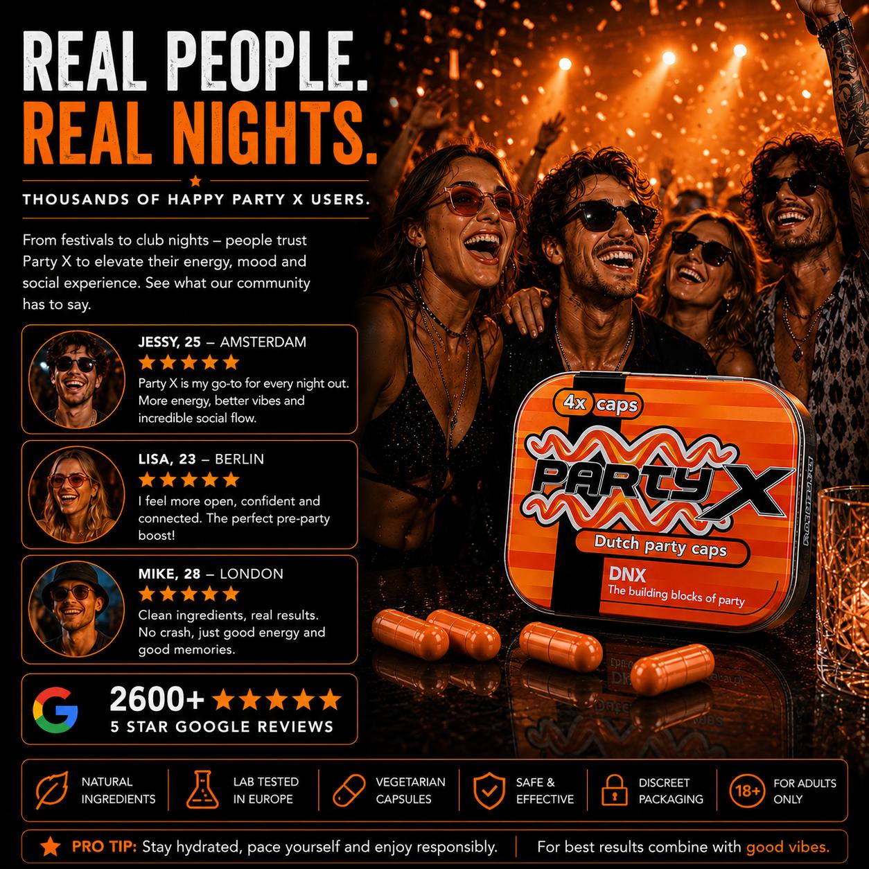 Party X DNX Dutch Party Capsules by Microdose Bros with customer reviews, festival nightlife atmosphere and euphoric party energy