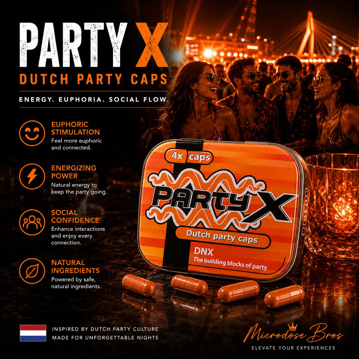 Party X DNX Dutch Party Capsules by Microdose Bros with orange capsules, nightlife crowd and euphoric social party atmosphere