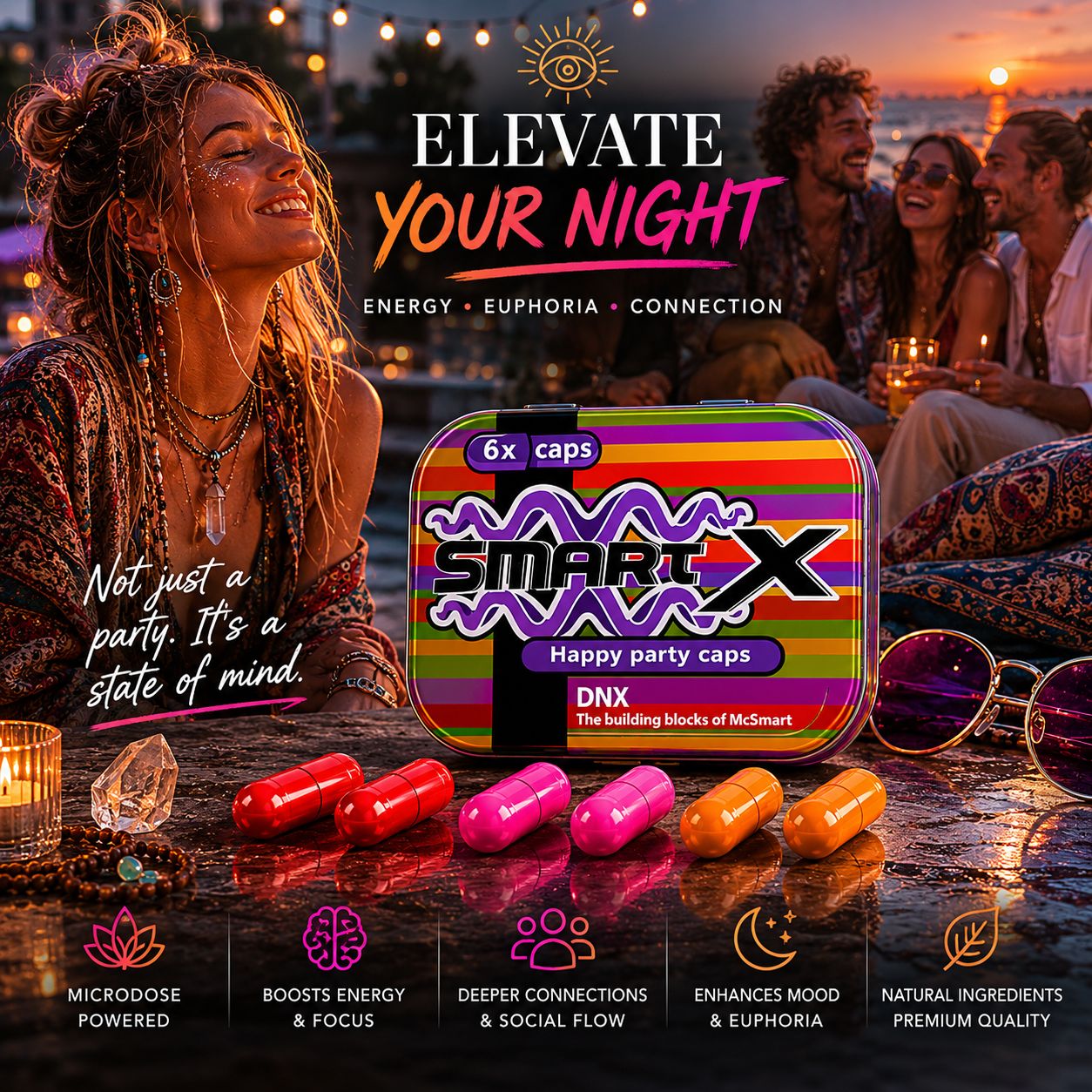 Smart X DNX Happy Party Capsules by Microdose Bros with colorful party capsules, euphoric sunset rooftop atmosphere and social nightlife energy