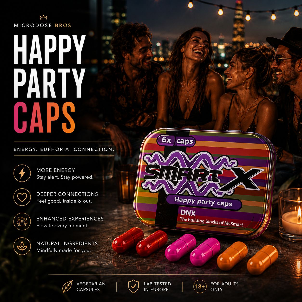 Smart X DNX Happy Party Capsules by Microdose Bros with colorful energy capsules and rooftop nightlife social gathering atmosphere