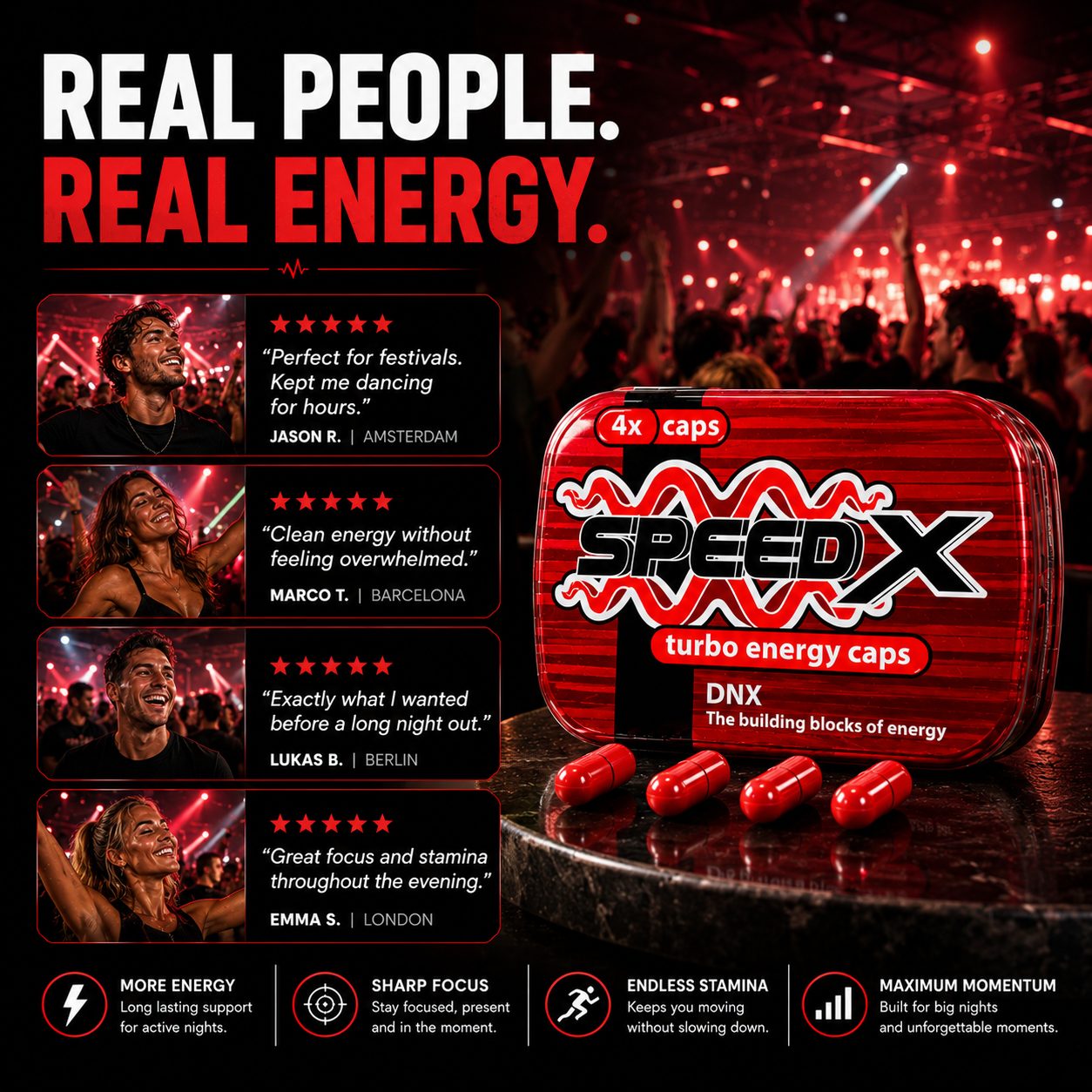 Speed X Turbo Energy Caps customer reviews featuring festival-goers sharing positive experiences with energy, focus, stamina and nightlife performance.