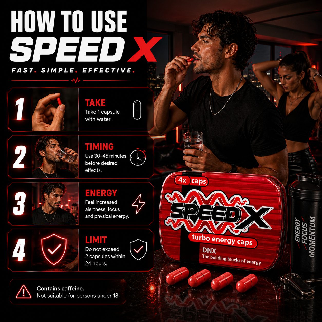 How to use Speed X Turbo Energy Caps with step-by-step instructions including dosage, timing, energy benefits and daily usage limits.