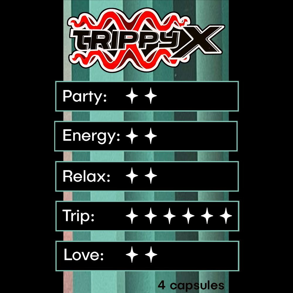 Trippy X capsules intensity chart showing party, energy, relax, trip and love effects