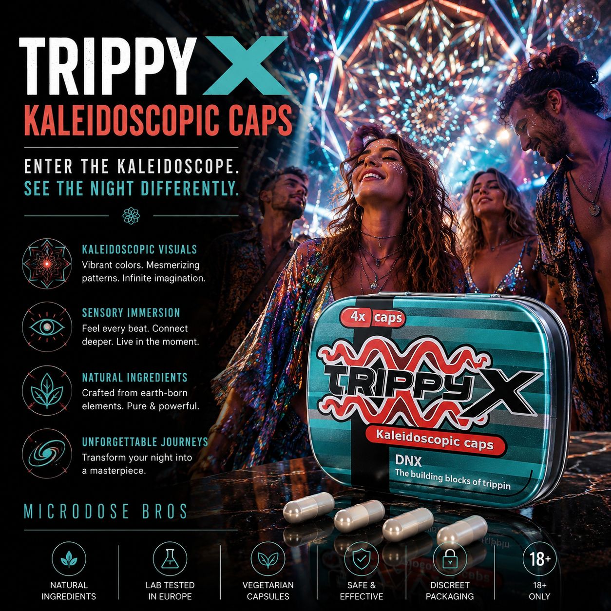 Trippy X Kaleidoscopic Caps by Microdose Bros displayed at a vibrant festival-inspired nightlife scene with colourful visual art, immersive atmosphere and premium supplement packaging.