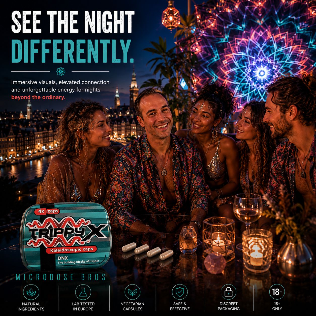Trippy X Kaleidoscopic Caps by Microdose Bros featured in a premium rooftop nightlife setting with colourful kaleidoscopic visuals, social connection and immersive festival-inspired atmosphere.