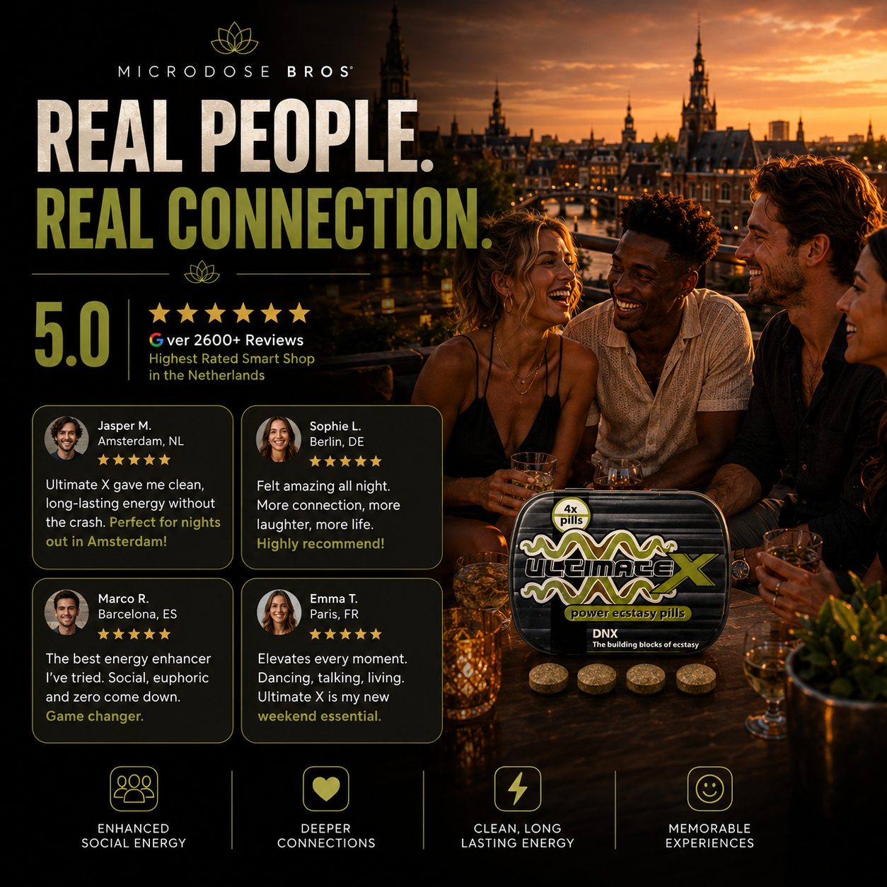 Ultimate X customer reviews highlighting social energy, connection and memorable nights.