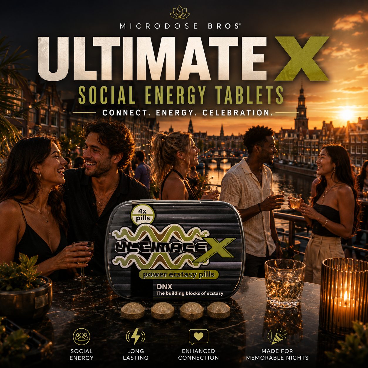 Ultimate X social energy tablets with friends enjoying an evening in Amsterdam.
