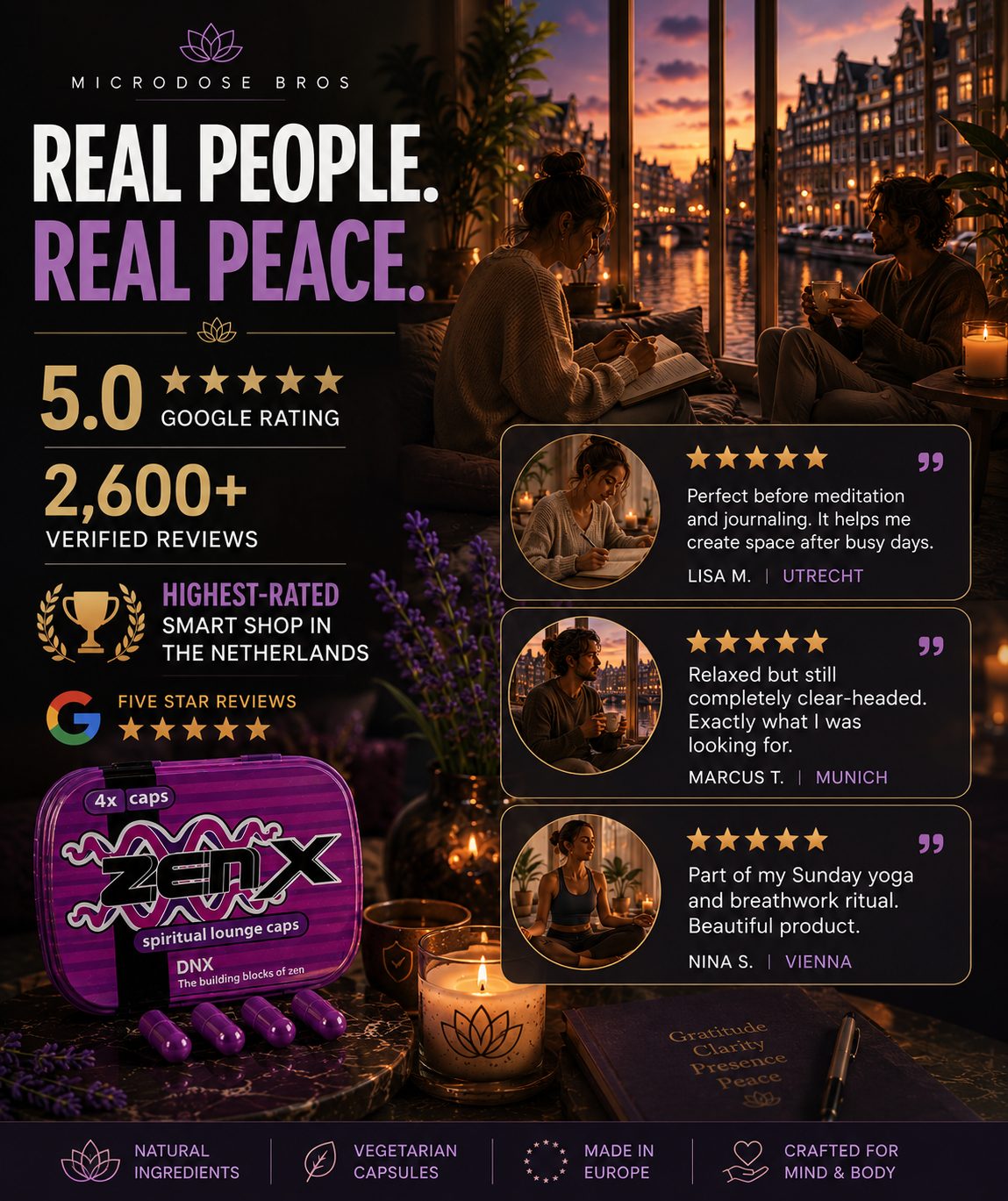 Zen X Spiritual Lounge Caps customer reviews highlighting relaxation, meditation, journaling, yoga and mindfulness experiences from customers across Europe with Microdose Bros' 5-star reputation.
