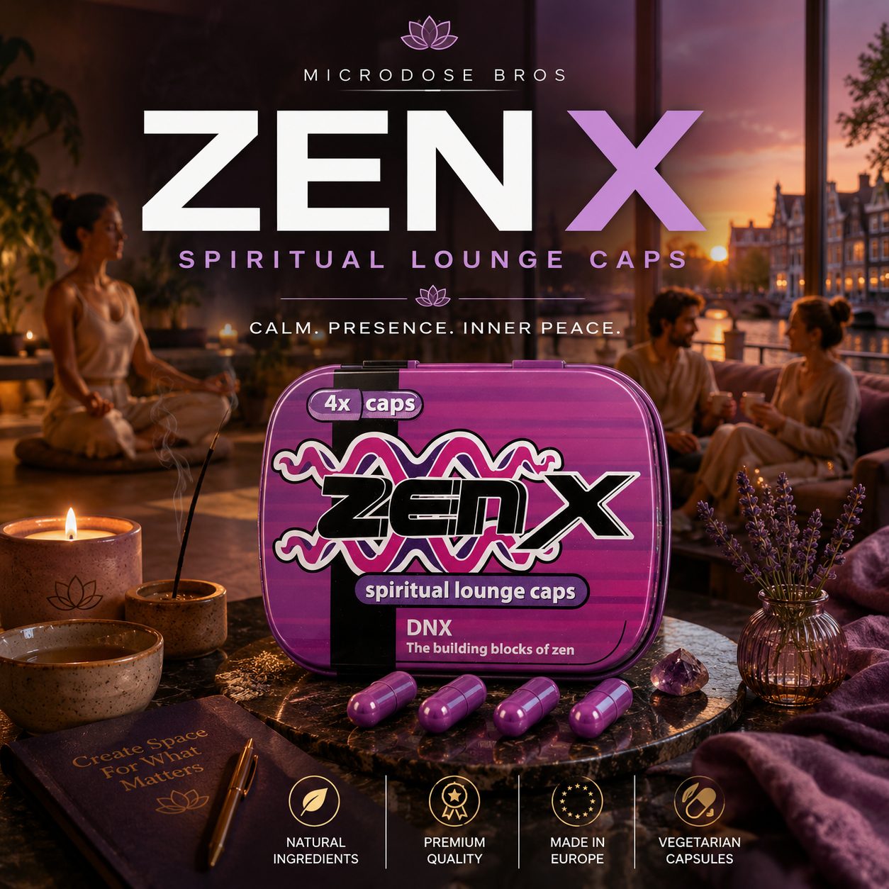 Zen X Spiritual Lounge Caps by Microdose Bros displayed in a peaceful meditation and relaxation setting with herbal tea, journaling, mindfulness and Amsterdam canal sunset views.