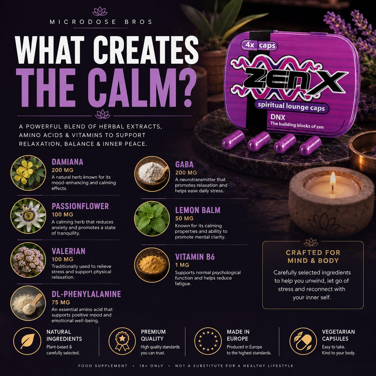Zen X Spiritual Lounge Caps ingredients featuring Damiana, GABA, Passionflower, Valerian, Lemon Balm, DL-Phenylalanine and Vitamin B6 formulated to support relaxation, mindfulness and inner balance.