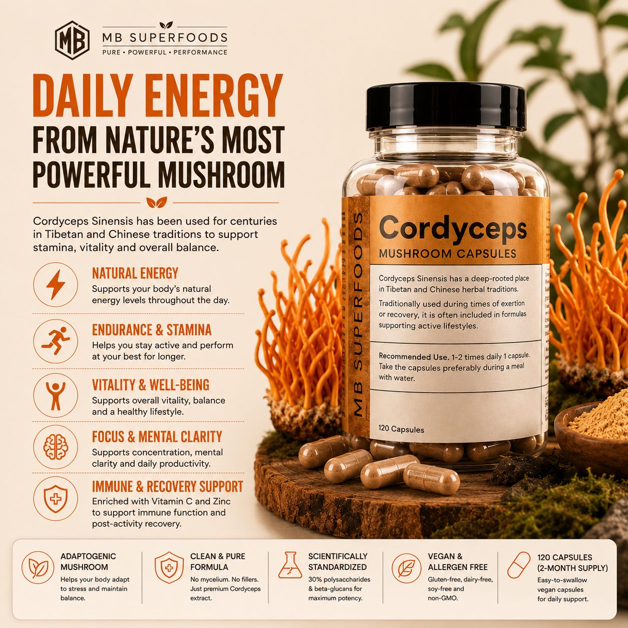 MB Superfoods Cordyceps Capsules supporting daily energy endurance stamina focus and immune recovery with Cordyceps mushrooms