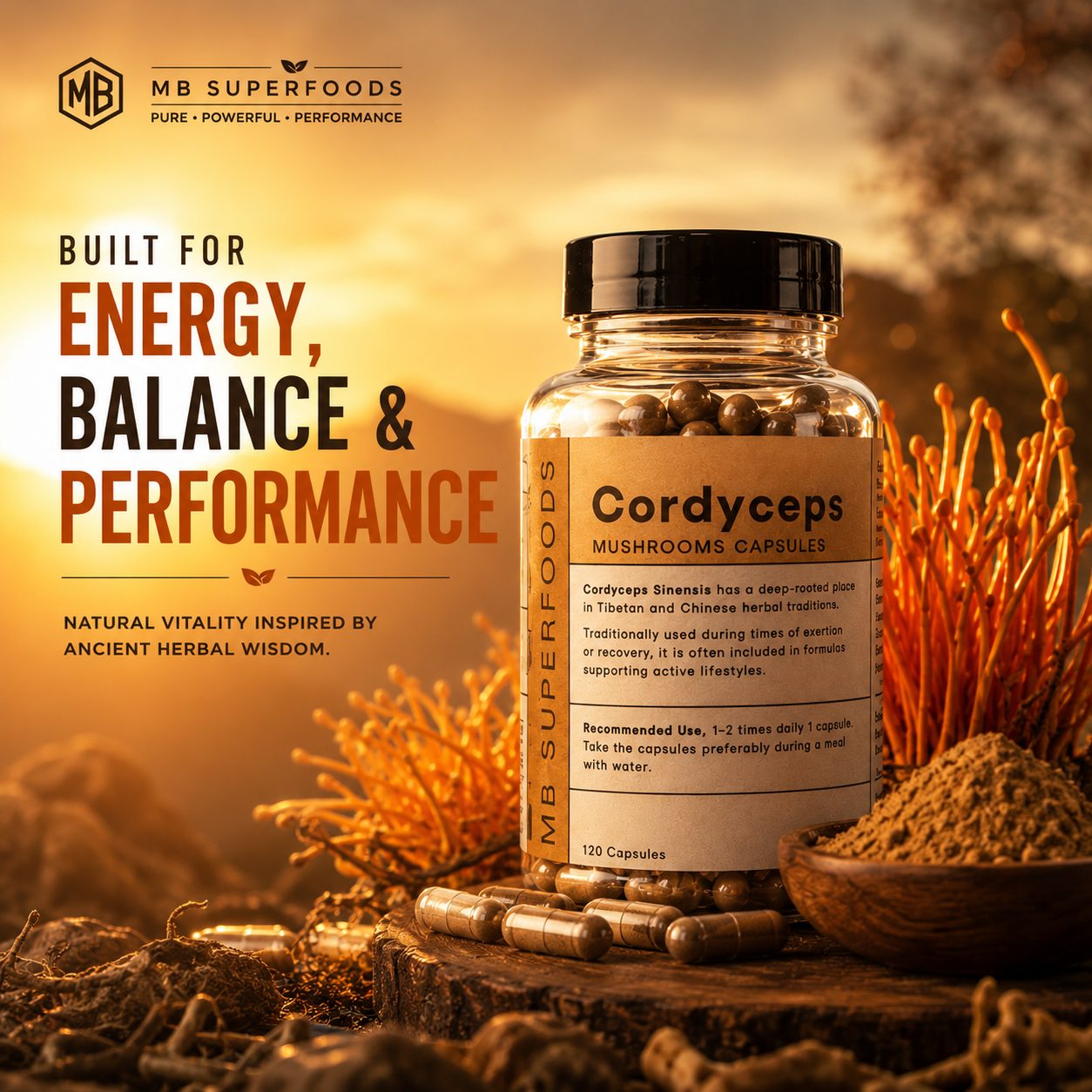 Luxury MB Superfoods Cordyceps Capsules hero image with glowing sunrise lighting and Cordyceps mushrooms for energy balance and performance