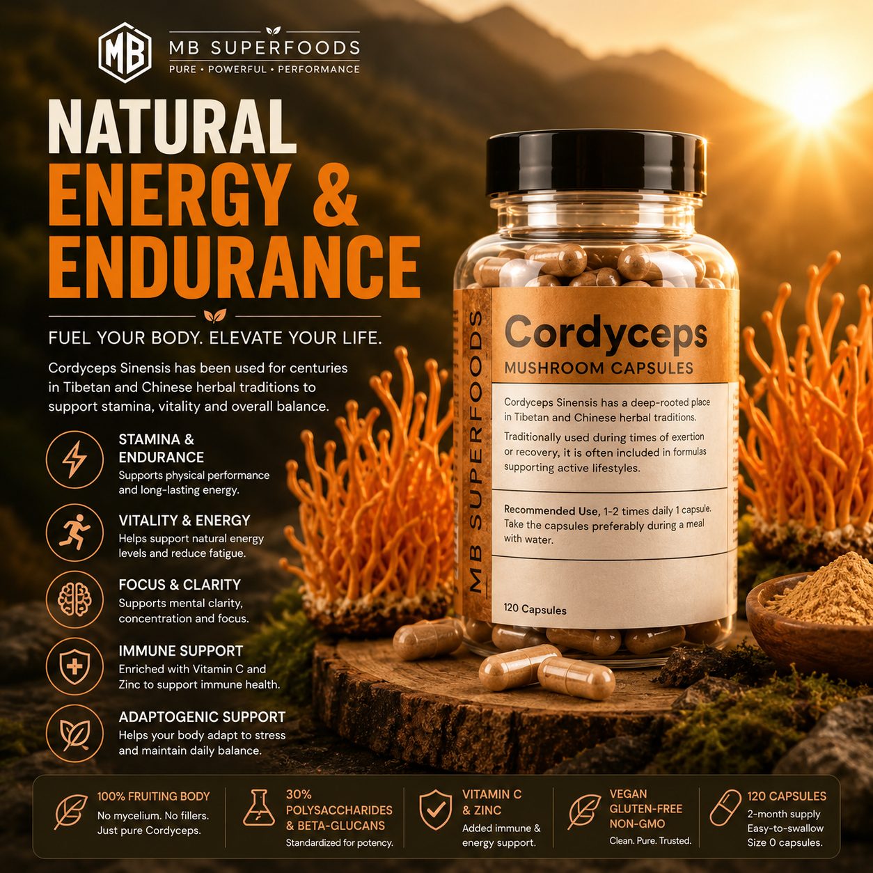 MB Superfoods Cordyceps Mushroom Capsules supporting natural energy endurance focus and immune support in a luxury sunrise mountain setting