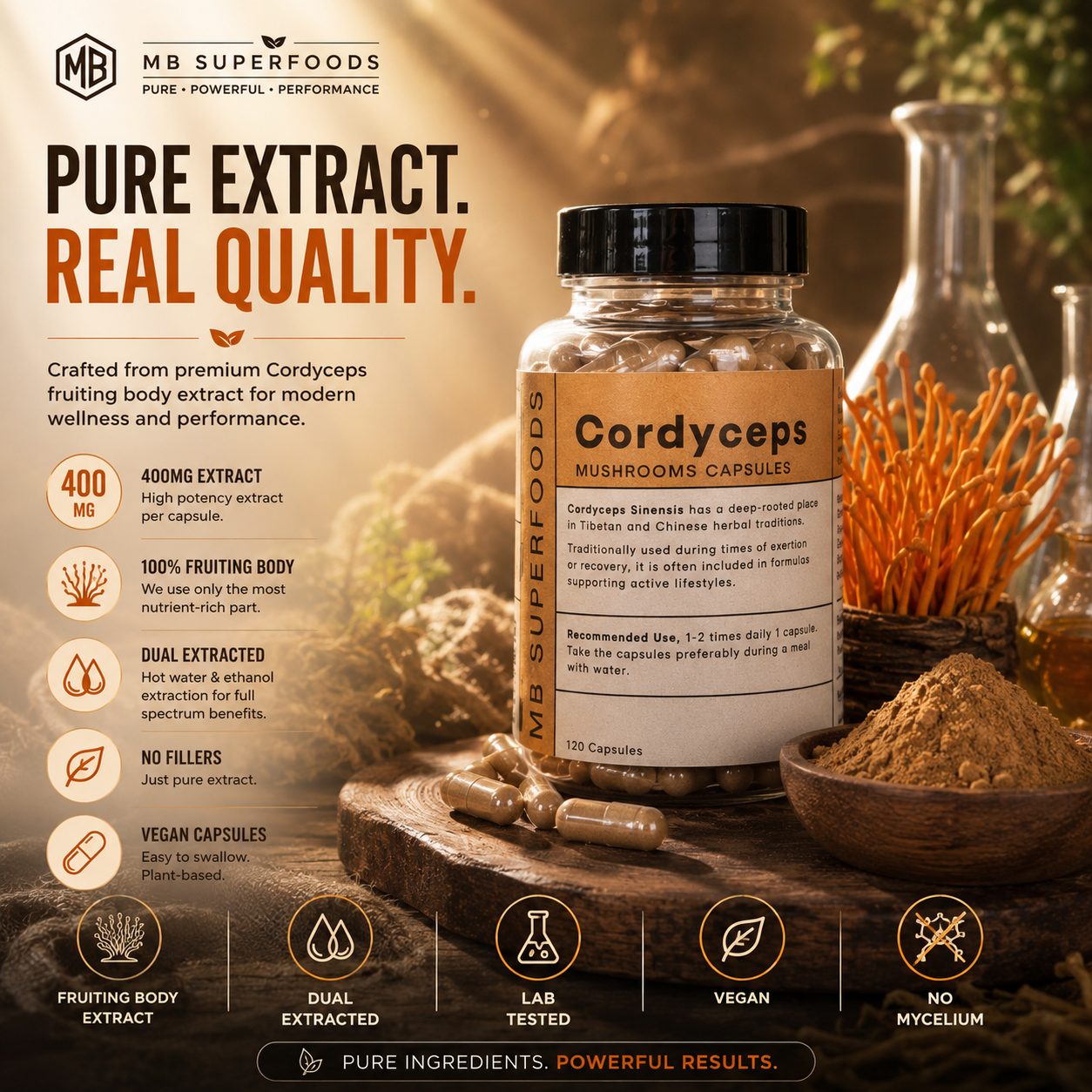 Premium MB Superfoods Cordyceps Capsules with fruiting body extract dual extraction and laboratory quality wellness aesthetic