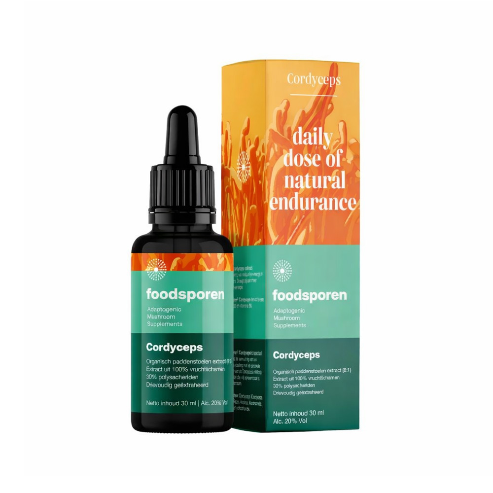 Foodsporen Cordyceps Liquid Extract 30ml bottle with packaging, a natural adaptogenic mushroom supplement for endurance and energy support