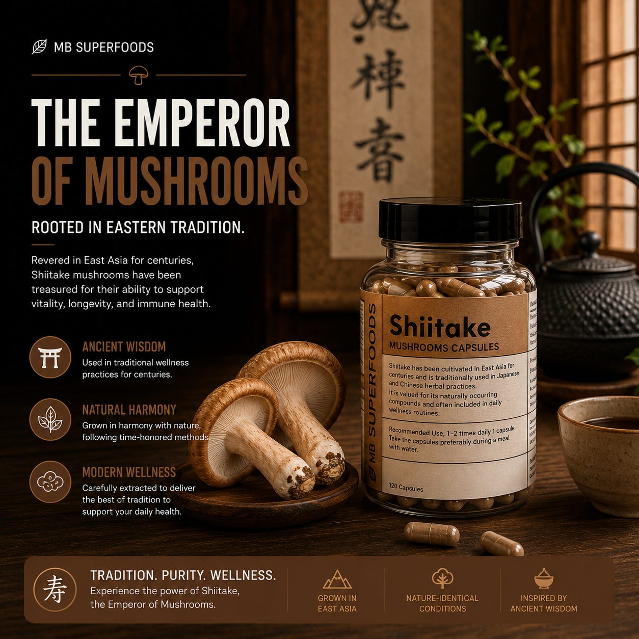 MB Superfoods Shiitake Mushroom Capsules inspired by Eastern wellness traditions with Japanese tea ceremony aesthetics