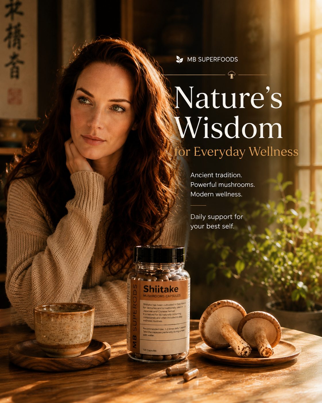 MB Superfoods Shiitake Mushroom Capsules with fresh shiitake mushrooms and woman enjoying a peaceful wellness moment in warm sunlight