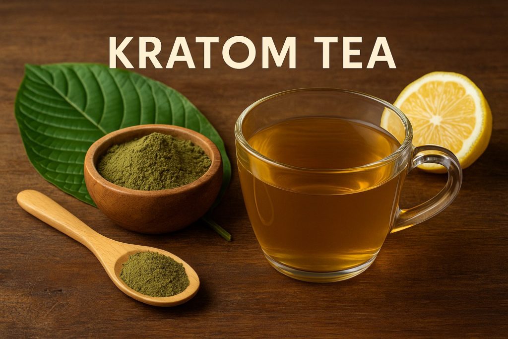 A clear glass cup of kratom tea with a lemon wedge, next to a wooden bowl and spoon filled with green kratom powder, placed on a dark wooden surface with a fresh kratom leaf.