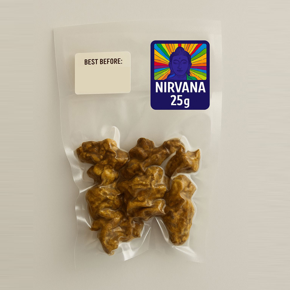 Nirvana Magic Truffles 25g vacuum-sealed packaging with psychedelic Buddha label – Microdose Bros