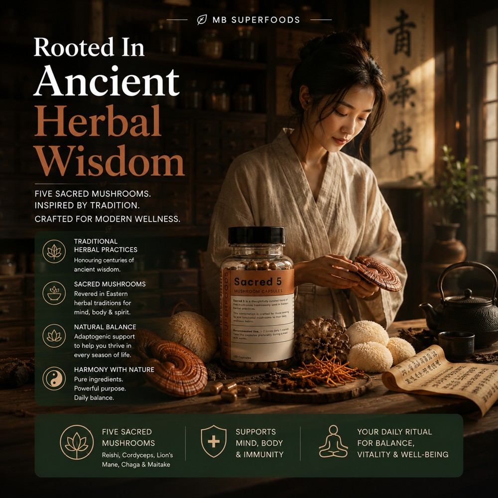 Sacred 5 Mushroom Capsules by MB Superfoods inspired by ancient herbal wisdom and traditional wellness practices