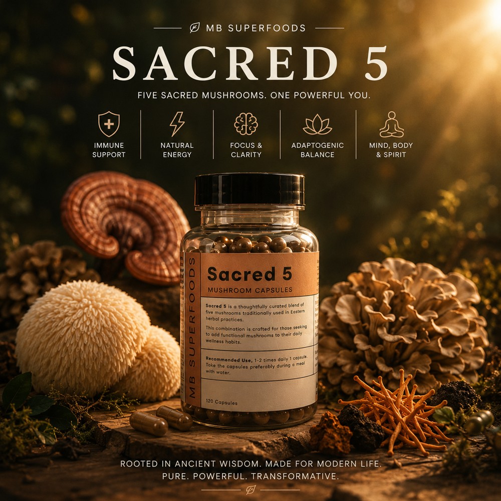 Sacred 5 Mushroom Capsules by MB Superfoods surrounded by functional mushrooms in a premium wellness scene