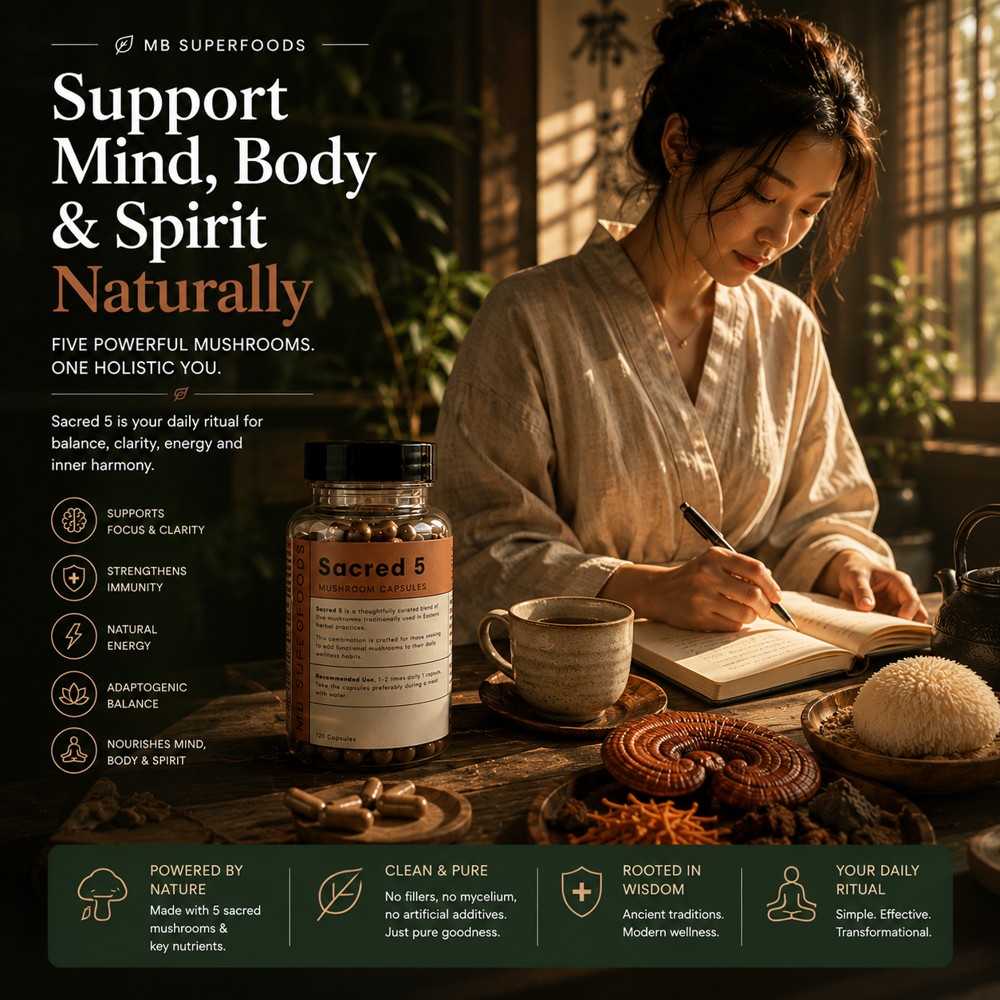 Sacred 5 Mushroom Capsules by MB Superfoods lifestyle wellness scene supporting mind body and spirit naturally