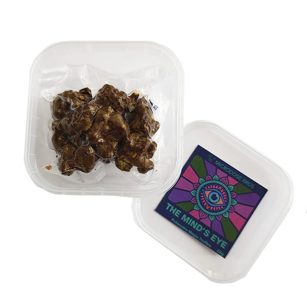 The Mind’s Eye Magic Truffles 25g – Open tub showing truffles for deep psychedelic journeys