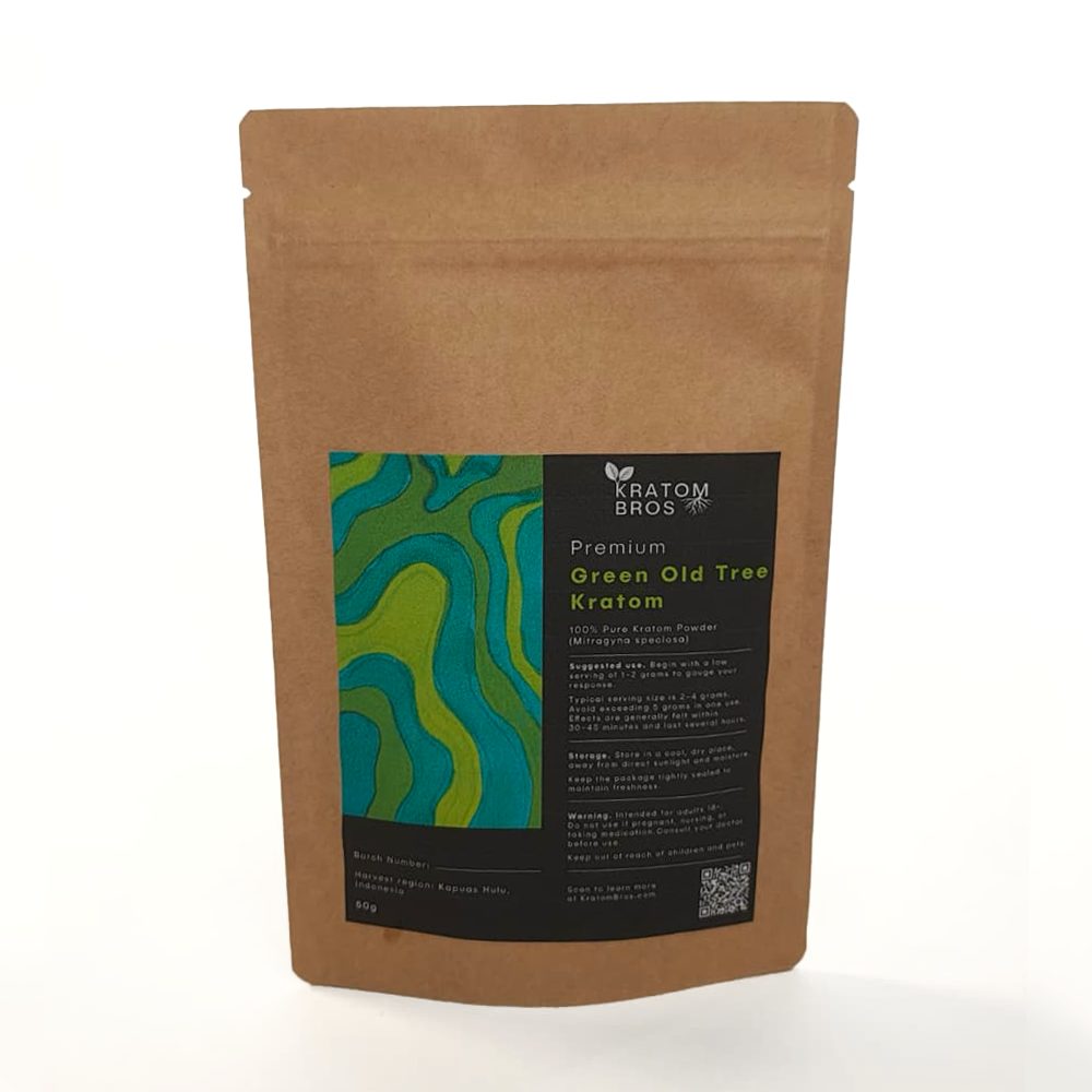Premium Green Old Tree Kratom powder by Kratom Bros in resealable kraft pouch