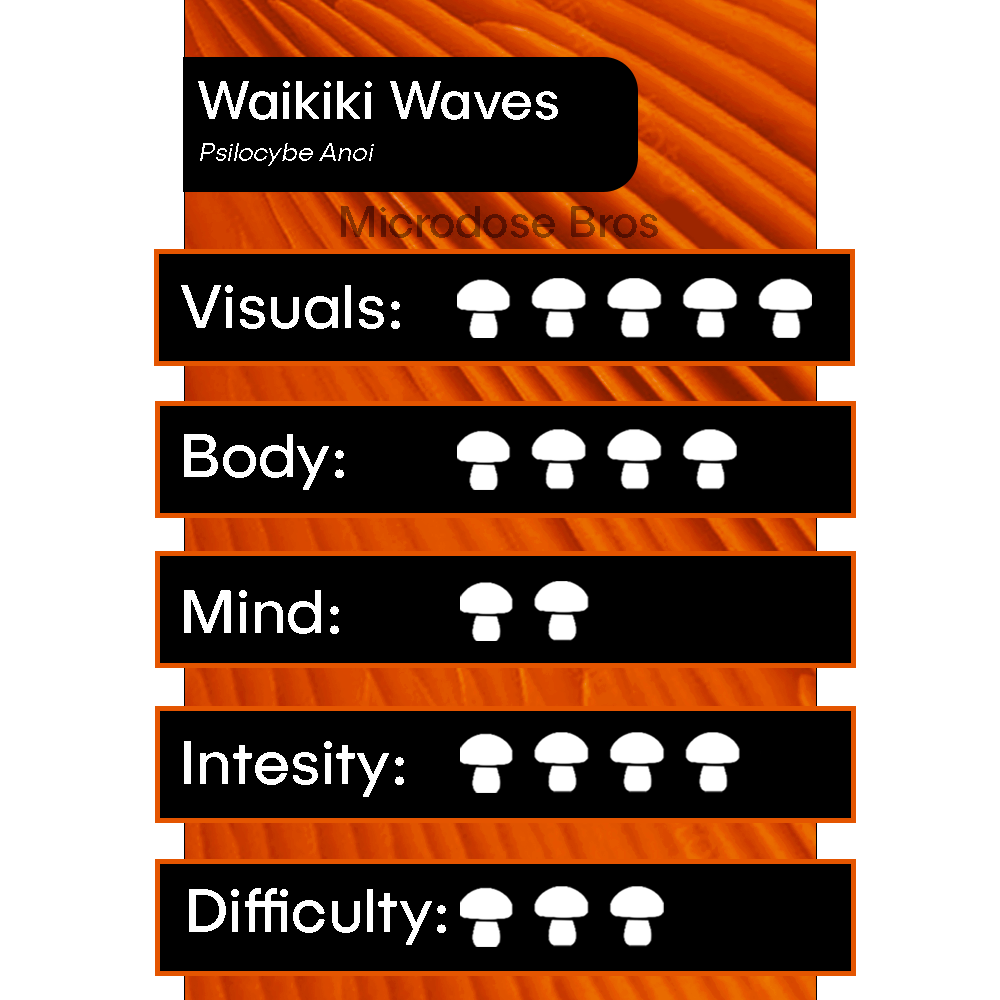 Waikiki Waves Magic Mushroom Grow Kit chart showing visuals, body, mind, intensity, and difficulty ratings – Psilocybe Anoi strain by Microdose Bros.