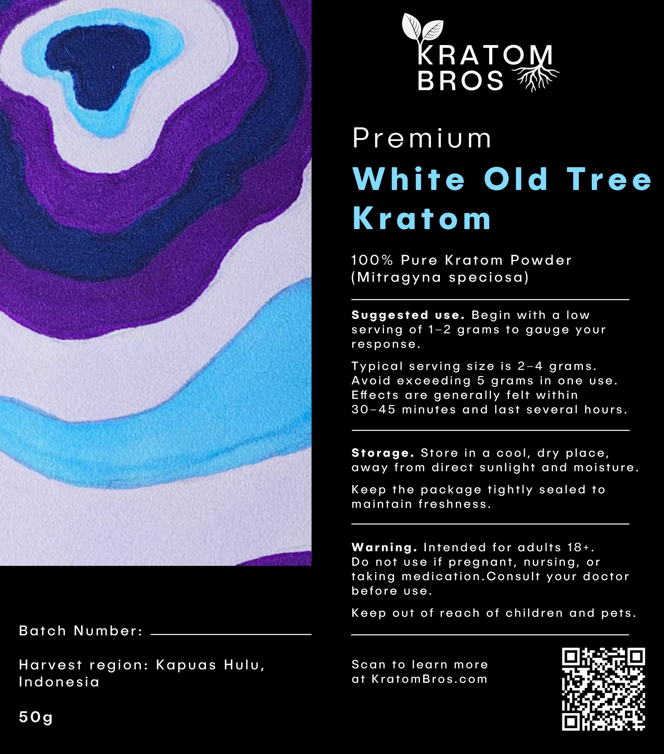 White Old Tree Kratom powder label by Kratom Bros featuring Mitragyna speciosa sourced from Kapuas Hulu, Indonesia