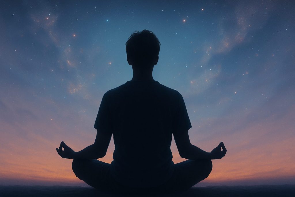 Silhouette of a person in a calm meditative posture against a cosmic background, symbolizing a first-time psychedelic journey and harm reduction