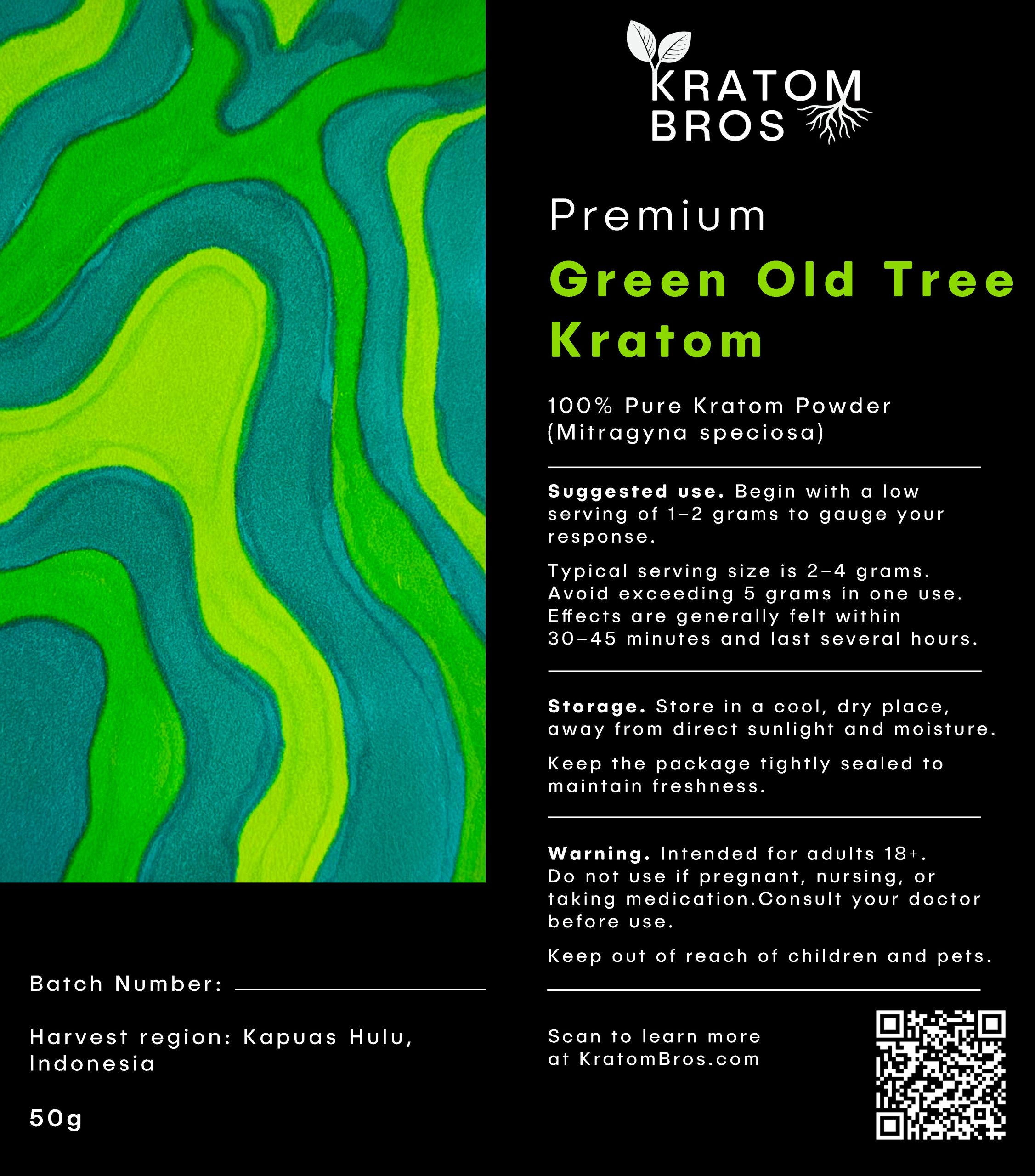 Green Old Tree Kratom label by Kratom Bros showing premium green vein Mitragyna speciosa powder sourced from mature kratom trees in Indonesia