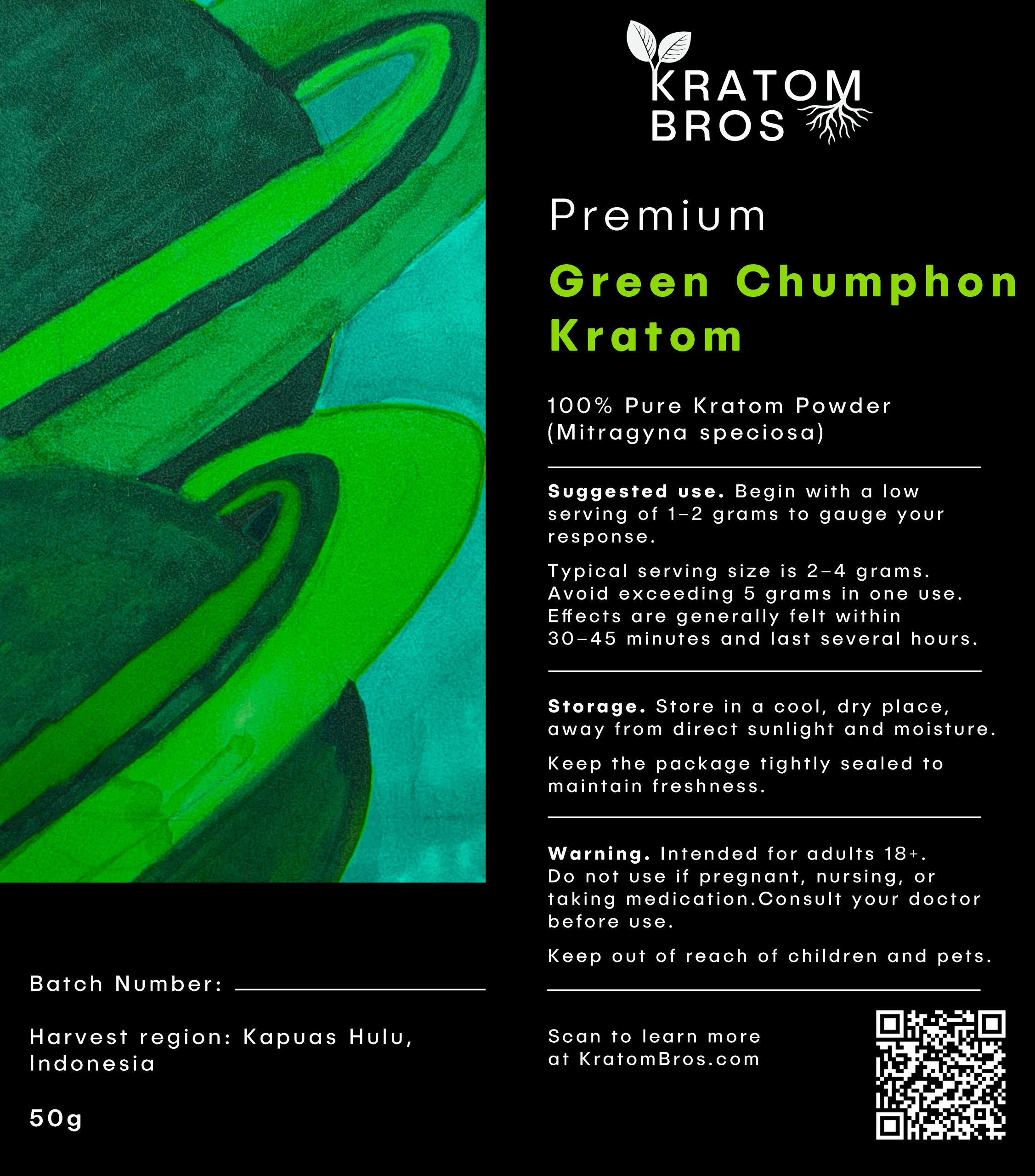 Premium Green Chumphon Kratom powder label by Kratom Bros, featuring Mitragyna speciosa sourced from Kapuas Hulu, Indonesia