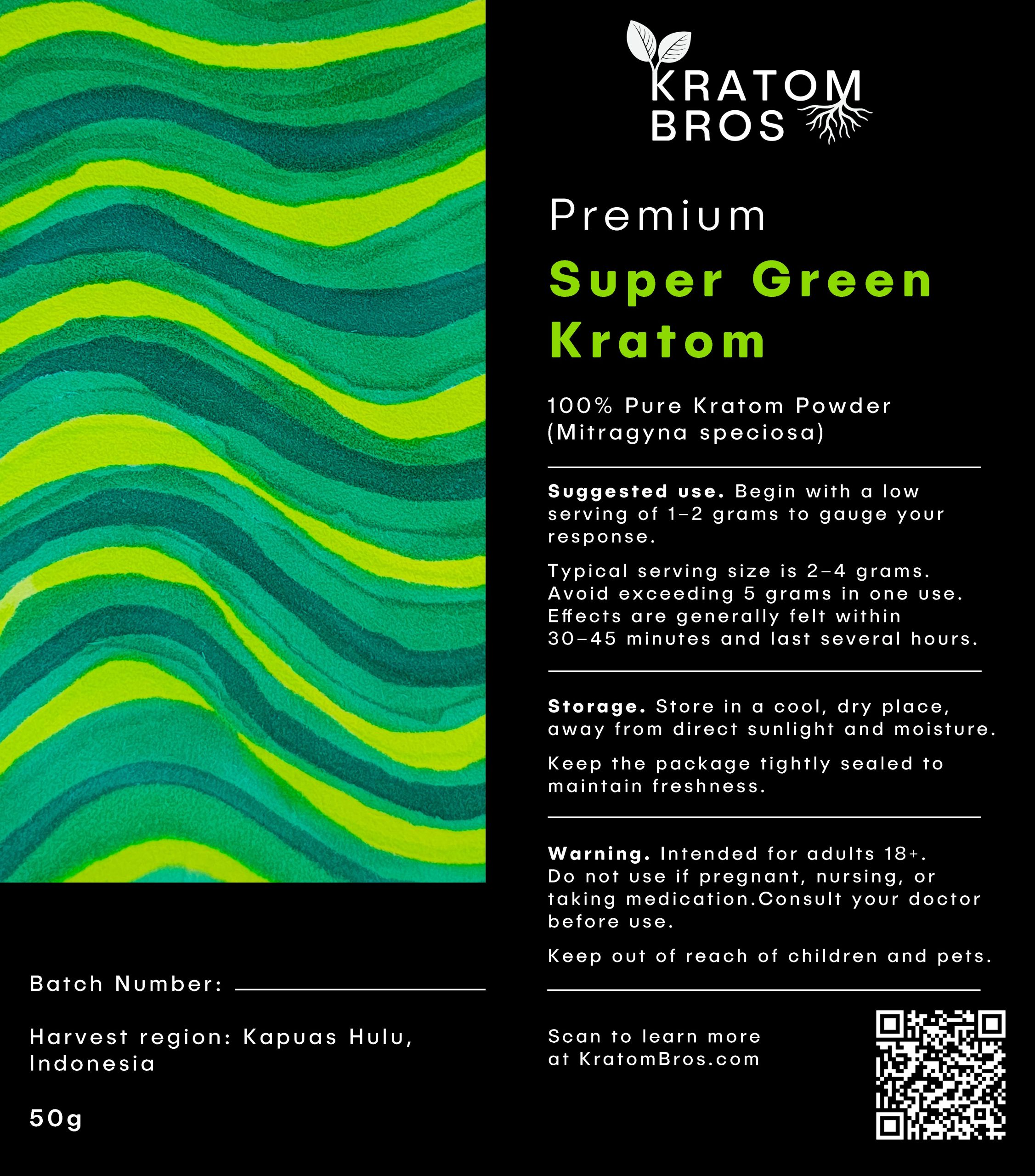 Super Green Kratom powder label by Kratom Bros featuring Mitragyna speciosa sourced from Kapuas Hulu, Indonesia